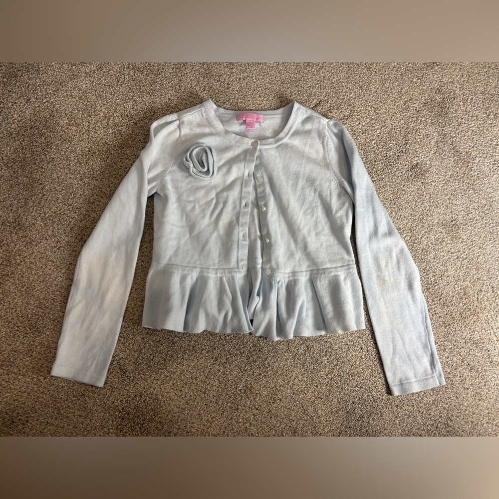 Lilly Pulitzer Little Girl’s Pale Blue Peplum Button Up Cardigan Cotton Flower L